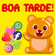 a teddy bear is holding a bunch of balloons and the words boa tarde