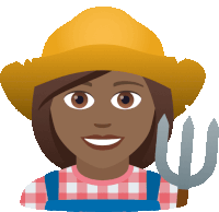 a woman wearing overalls and a straw hat holds a pitchfork