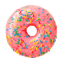 a donut with pink frosting and sprinkles on it