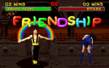 a video game screen shows a man holding a rainbow and the word friendship