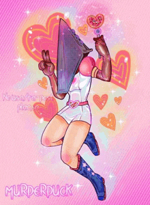 a drawing of a girl with a pyramid head holding a lollipop and hearts on a pink background by murderduck