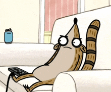 a cartoon of a raccoon sitting on a couch with a remote control