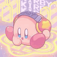 kirby is wearing headphones and sitting on a yellow circle on a purple background .