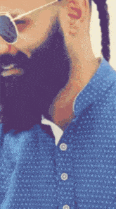 a man with a beard wearing sunglasses and a blue shirt with polka dots