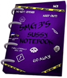 a purple notebook with stickers on it and the words `` smg3 's sussy notebook '' written on it .