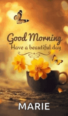 a good morning greeting card with a cup of coffee and yellow flowers and butterflies .