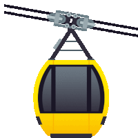 a yellow cable car is hanging from a wire on a white background