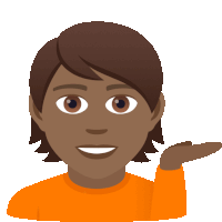 a man in an orange shirt is smiling and pointing his hand