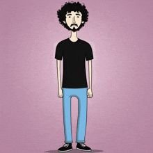 a cartoon of a man with curly hair and a beard wearing a black shirt and blue jeans