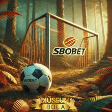 a soccer ball with sbobet written on it sits in front of a goal in the woods