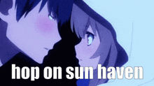 a picture of a boy and a girl kissing with the words hop on sun haven above them