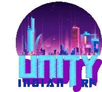 a logo for unity indian rp shows a city skyline