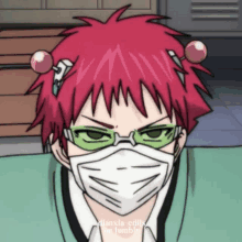 a cartoon character with red hair wearing a mask and green glasses