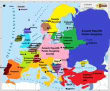 a map of europe in a foreign language with a blue background