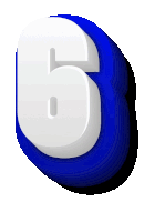 a blue and white number 6 with a shadow on a white background