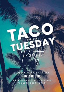 an advertisement for a taco tuesday party with palm trees