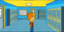 a cartoon boy stands in a hallway with lockers