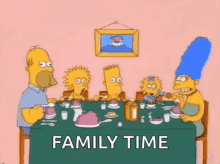 a cartoon of the simpsons sitting at a table with food .