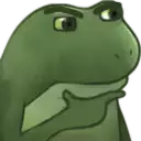 a cartoon frog with a serious look on its face is holding its hand to its chin .