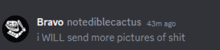 a screenshot of a message from bravo notediblecactus