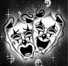 a black and white drawing of two clowns ' faces with stars in the background .