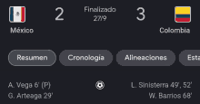 a screenshot of a soccer game between mexico and colombia shows a score of 3 to 2