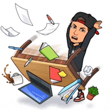 a cartoon of a man sitting at a messy desk with papers flying around him