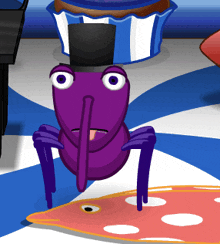 a purple cartoon character wearing a top hat stands next to a cupcake