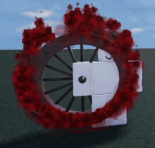 a wagon wheel is surrounded by red smoke