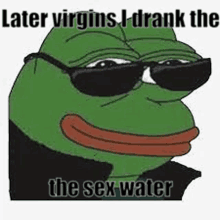 a cartoon frog wearing sunglasses and a black jacket is talking about virgins .