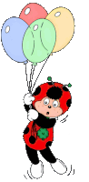 a ladybug is holding four balloons in her hands