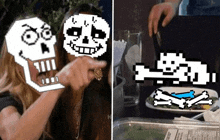 a woman pointing at a pixelated skeleton and a plate of food