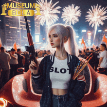 a woman holding a gun in front of a car with the words museum bola on the bottom