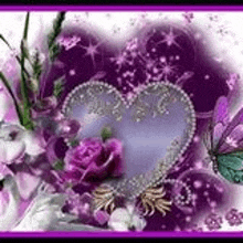 a heart surrounded by purple flowers and butterflies on a purple background