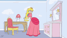 a cartoon of princess peach standing next to a dresser