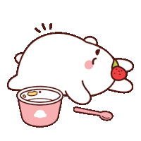 a cartoon of a bear with a strawberry on its nose next to a bowl of yogurt and a spoon