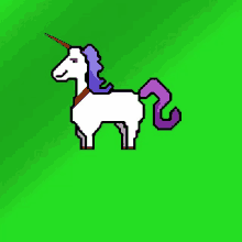 a pixel art of a white unicorn with a purple mane and tail