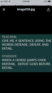 a phone screen shows a teacher and a student talking about using the words defense defeat and detail