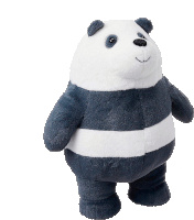 a stuffed panda bear with blue and white stripes on its body