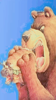 a bear is eating a hamburger with its mouth wide open