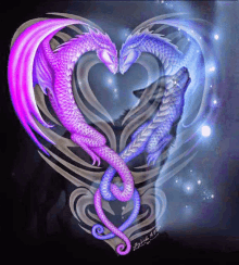 a purple dragon and a blue dragon in a heart shape