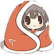 a cartoon of a girl wrapped in a red blanket .