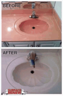 a before and after photo of a bathroom sink with a pink counter top .