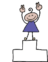 a girl in a purple dress is standing on a podium with her arms in the air and giving a peace sign .