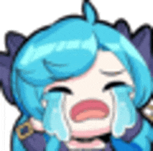 a cartoon girl with blue hair is crying with her eyes closed .