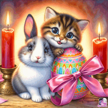 a painting of a cat and a rabbit with candles and an easter egg