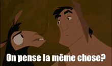 a cartoon of a man and a llama with on pense la meme chose written below them