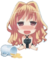 a chibi girl is sitting next to a cup of liquid