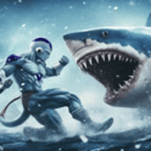 a man is fighting a shark in the water in a cartoon .