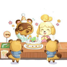 a group of animal crossing characters are standing around a table with a cake .